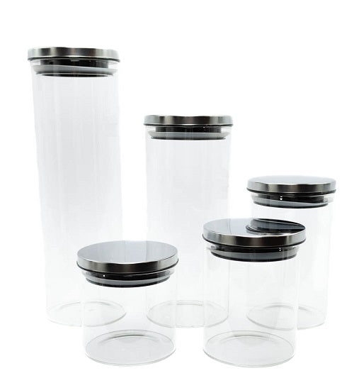 Glass Storage Jars with Silver Lids - Set of 5